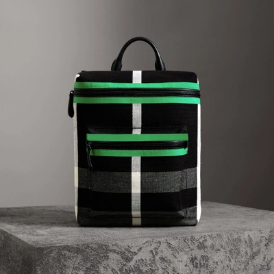 Shop Burberry Zip-top Leather Trim Canvas Check Backpack In Racing Green/black