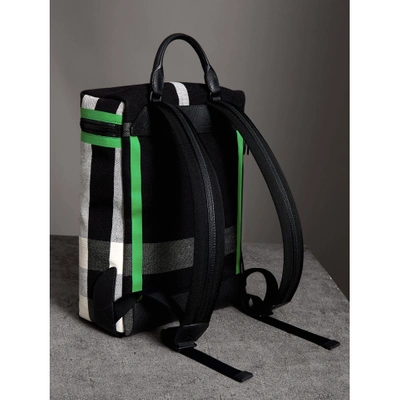 Shop Burberry Zip-top Leather Trim Canvas Check Backpack In Racing Green/black