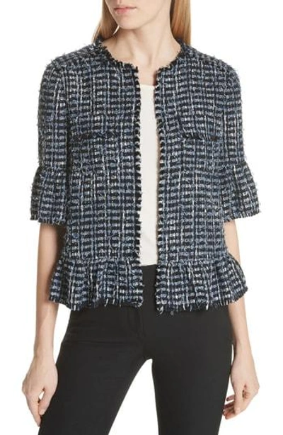 Shop Kate Spade Flounced Sleeve Tweed Jacket In Blue Combo