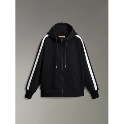 Shop Burberry Stripe Detail Cotton Blend Jersey Hooded Top In Black