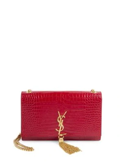 Shop Saint Laurent Kate Monogram Croc-embossed Leather Tassel Chain Shoulder Bag In Red