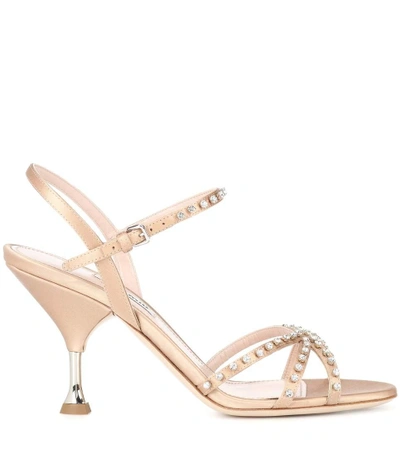 Shop Miu Miu Embellished Satin Sandals In Pink