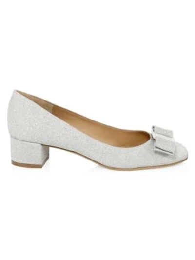 Shop Ferragamo Women's Vara Glitter Leather Pumps In Silver