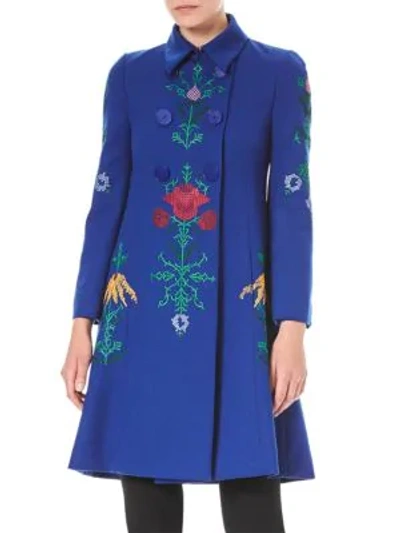 Shop Carolina Herrera Embroidered Wool Double-breasted Coat In Persian Blue Multi