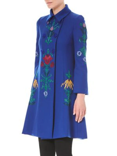 Shop Carolina Herrera Embroidered Wool Double-breasted Coat In Persian Blue Multi