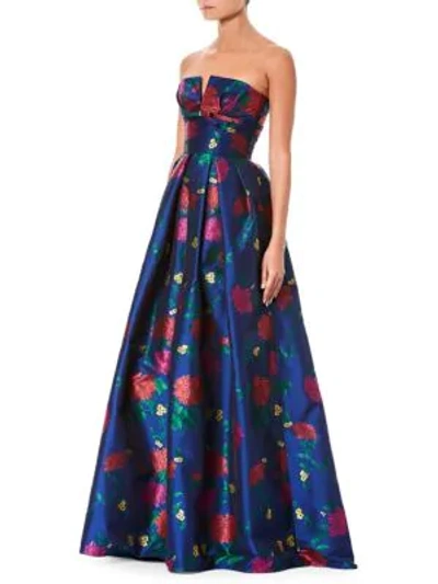 Shop Carolina Herrera Floral Jacquard Strapless Bustier Gown In Blue Multi