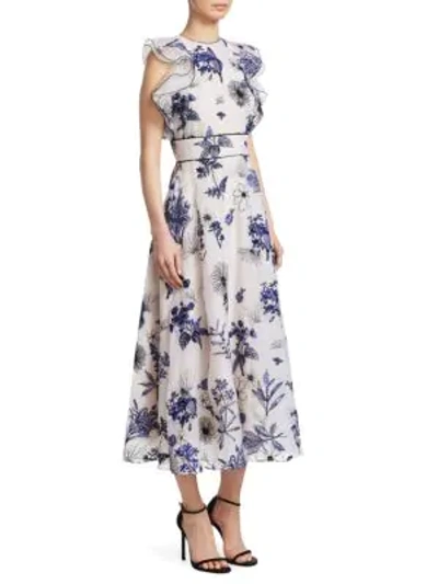 Shop Lela Rose Floral-embroidered Organza Ruffle A-line Dress In Ivory Cobalt
