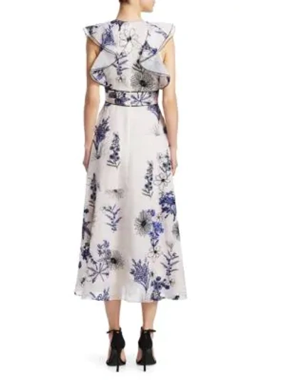 Shop Lela Rose Floral-embroidered Organza Ruffle A-line Dress In Ivory Cobalt