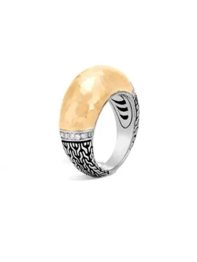 Shop John Hardy Classic Chain Hammered 18k Gold, Silver & Diamond Pavé Dome Ring In Yellow Gold Silver