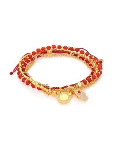 Shop Astley Clarke Biography Hamsa In Safe Hands White Sapphire, Red Agate & Carnelian Silken Beaded Charm Bracelet In Gold Red