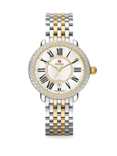 Shop Michele Watches Serein Diamond, Mother-of-pearl, 18k Goldplated & Stainless Steel Bracelet Watch In Gold Silver