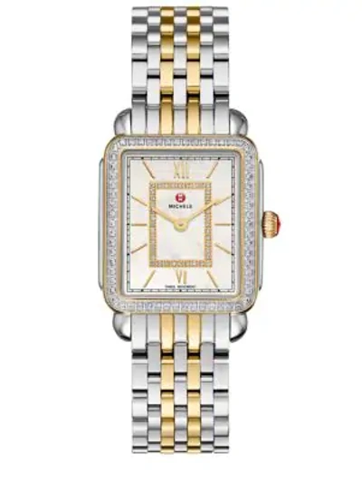 Shop Michele Watches Women's Deco Ii 16 Diamond, Mother-of-pearl & Two-tone Stainless Steel Bracelet Watch In Silver Gold