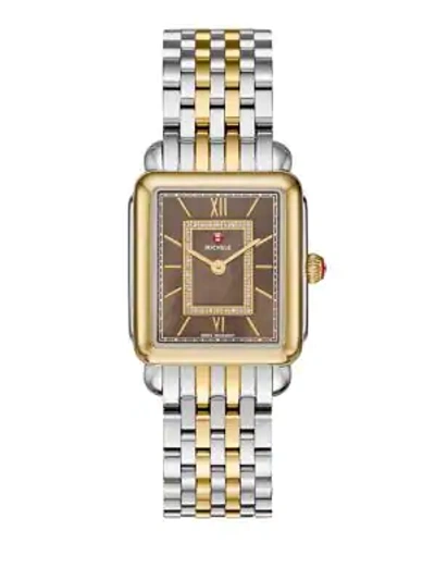 Shop Michele Watches Deco Ii Diamond, Mother-of-pearl & Two-tone Stainless Steel Watch Case In Silver Gold
