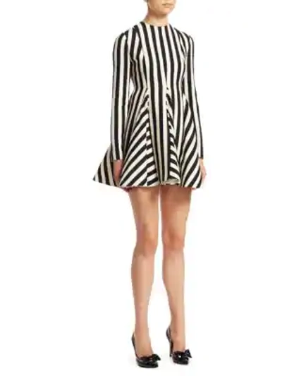 Shop Valentino Striped Fit-and-flare Dress In Ivory Black
