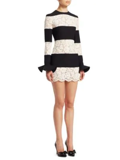Shop Valentino Lace Inset Striped Dress In Ivory Black