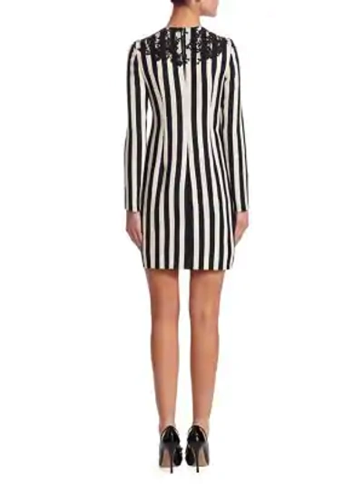 Shop Valentino Striped Lace Appliqué Dress In Ivory Black