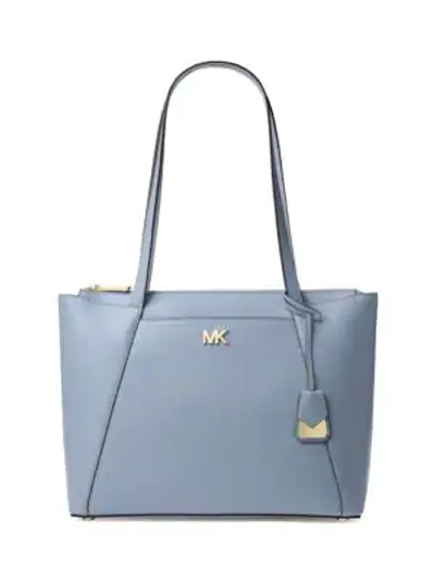 Shop Michael Michael Kors Maddie Medium Crossgrain Leather Tote In Pale Blue