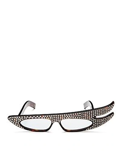 Shop Gucci Embellished Asymmetrical Cat Eye Sunglasses, 55mm In Dark Havana/crystal Strass/light Blue Solid