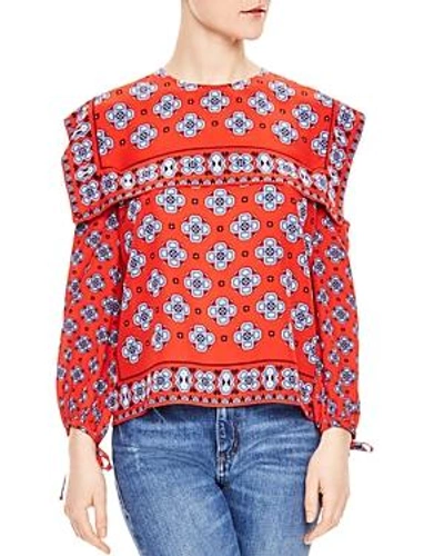 Shop Sandro Dalla Cold-shoulder Mosaic-print Silk Top In Scarlet Red