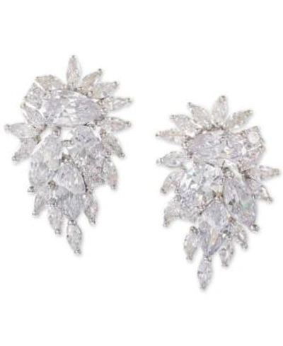 Shop Nina Silver-tone Crystal Cluster Drop Earrings In Rhodium/white Cz