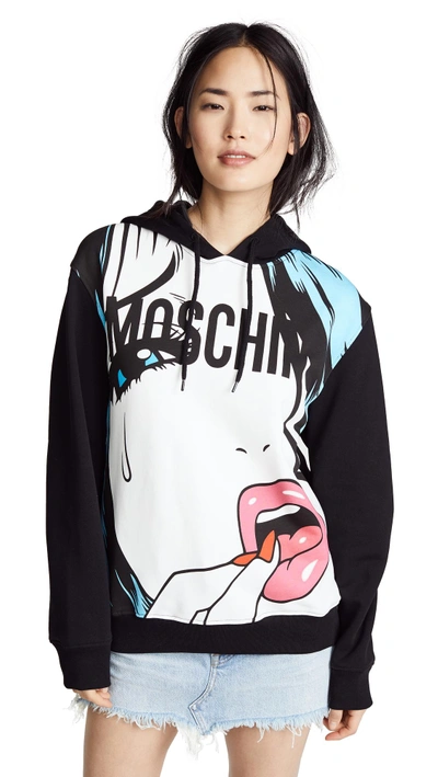 Shop Moschino Crying Girl Hoodie In Black/white