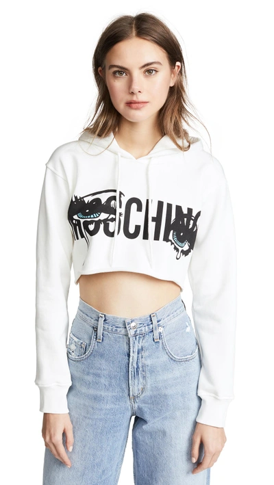 Shop Moschino Crying Eyes Cropped Hoodie In White/black