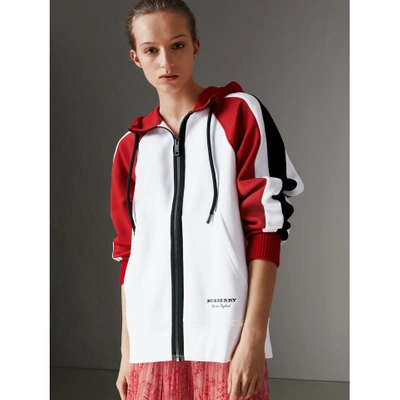 Shop Burberry Stripe Detail Cotton Blend Jersey Hooded Top In White