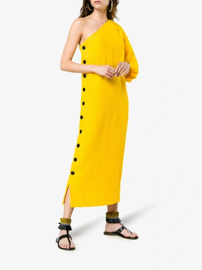 Shop Mara Hoffman Emile One-shoulder Cotton Linen-blend Dress In Yellow/orange