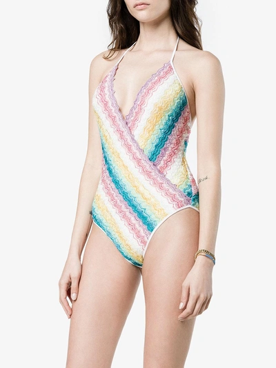 Shop Missoni Striped Wrap Swimsuit In Multicolour