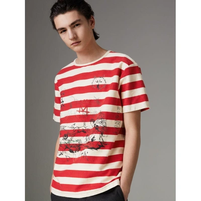 Shop Burberry Adventure Print Striped Cotton T-shirt In Off White/parade Red