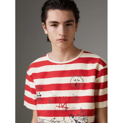 Shop Burberry Adventure Print Striped Cotton T-shirt In Off White/parade Red