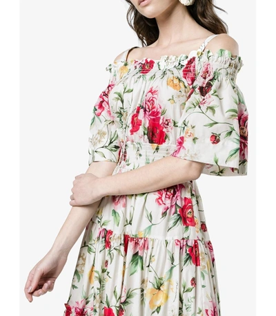 Shop Dolce & Gabbana White Multicolor Floral Off The Shoulder Dress