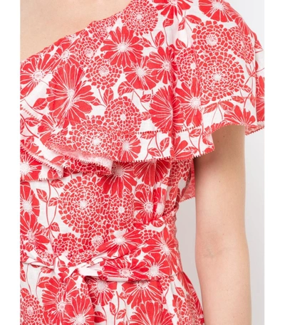 Shop Lisa Marie Fernandez Red White Floral Print Off Shoulder Dress