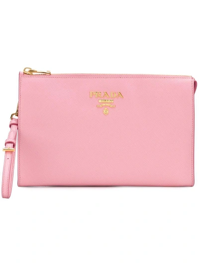 Shop Prada Logo Clutch Bag - Pink