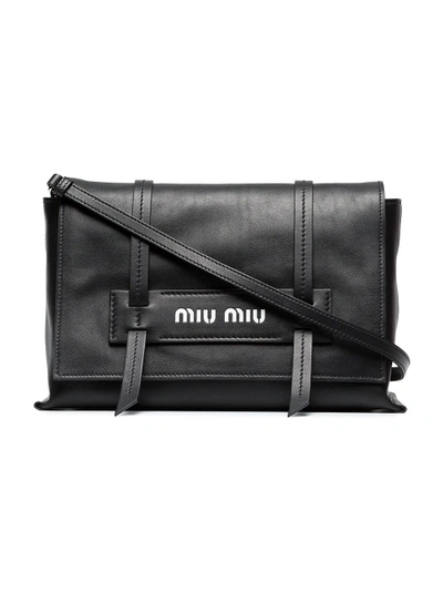 Shop Miu Miu Black Logo Embossed Leather Shoulder Bag
