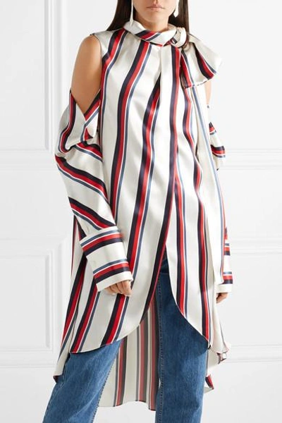 Shop Monse Oversized Cold-shoulder Striped Satin-twill Blouse In White