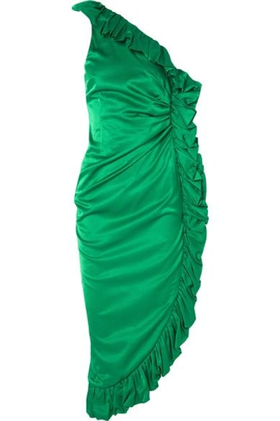 Shop Attico One-shoulder Ruffled Hammered Cotton-blend Satin Dress In Green