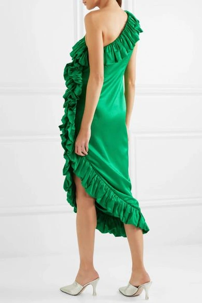 Shop Attico One-shoulder Ruffled Hammered Cotton-blend Satin Dress In Green