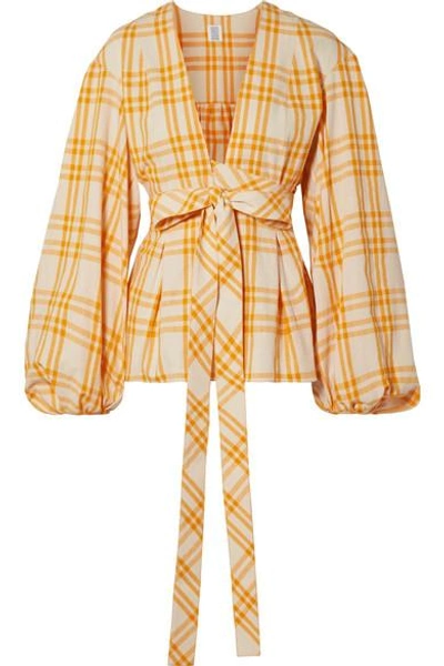 Shop Rosie Assoulin Checked Cotton-voile Wrap Top In Mustard
