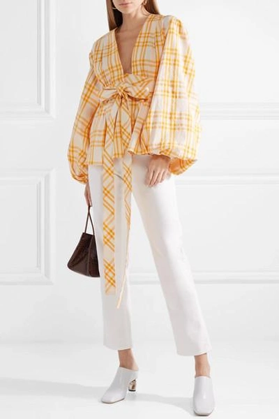 Shop Rosie Assoulin Checked Cotton-voile Wrap Top In Mustard