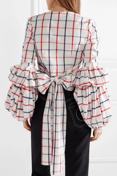 Shop Rosie Assoulin The Pfff Pleated Cropped Checked Cotton-blend Wrap Top In White