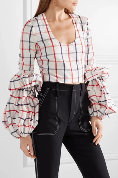Shop Rosie Assoulin The Pfff Pleated Cropped Checked Cotton-blend Wrap Top In White