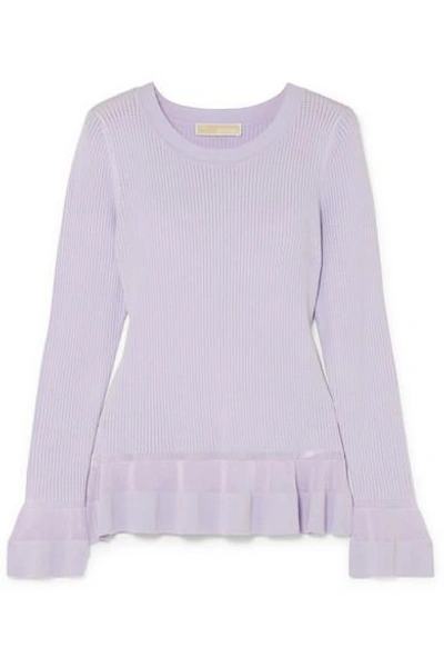 Shop Michael Michael Kors Pointelle-knit Peplum Sweater In Lilac