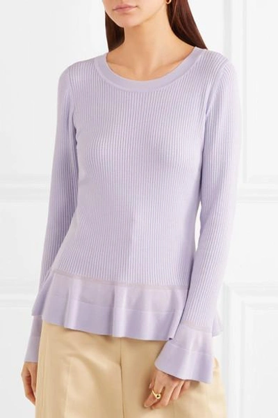 Shop Michael Michael Kors Pointelle-knit Peplum Sweater In Lilac