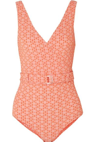 Shop Lisa Marie Fernandez Yasmin Wrap-effect Seersucker Swimsuit In Orange