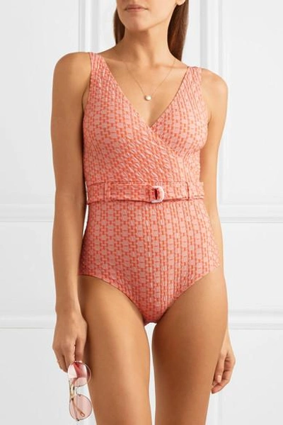 Shop Lisa Marie Fernandez Yasmin Wrap-effect Seersucker Swimsuit In Orange