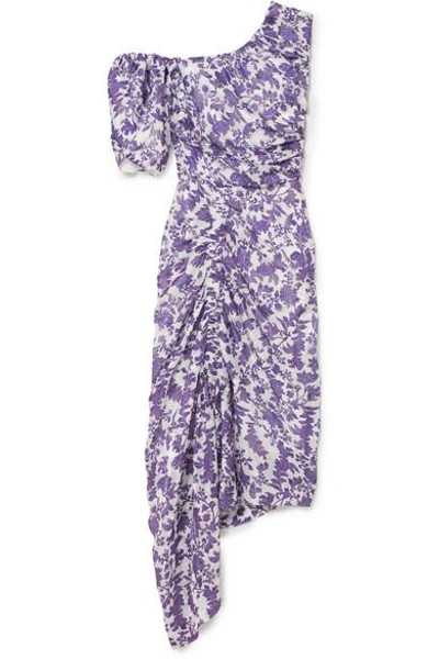 Shop Preen By Thornton Bregazzi Nicole One-shoulder Ruched Floral Print Jacquard Dress In Purple