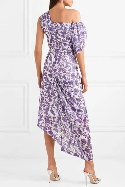 Shop Preen By Thornton Bregazzi Nicole One-shoulder Ruched Floral Print Jacquard Dress In Purple