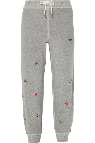 Shop The Great The Cropped Embroidered Cotton-blend Jersey Track Pants In Gray