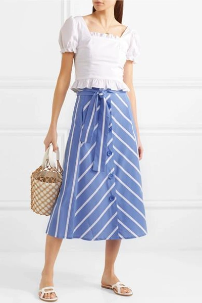 Shop Maje Striped Cotton-blend Midi Skirt In Blue